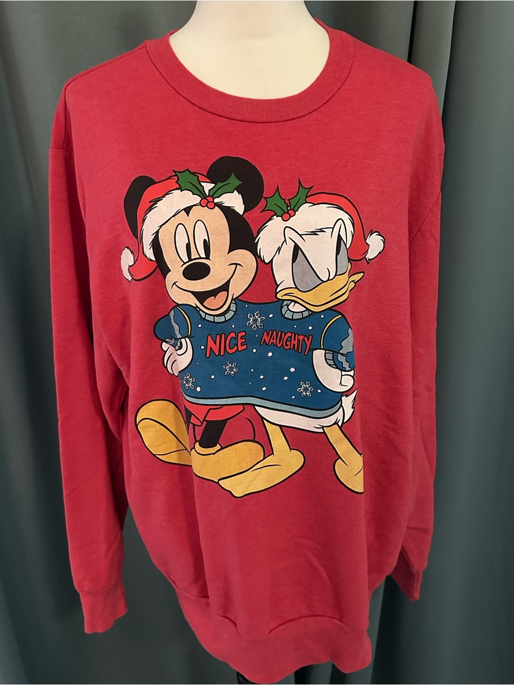 Disney Mickey Mouse Donald Duck Christmas Sweatshirt Red Nice Naughty L 42/44